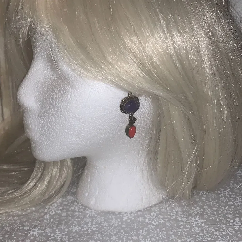Sterling Silver 925 Blue Orange‎ Coral Drop Earrings Pierced